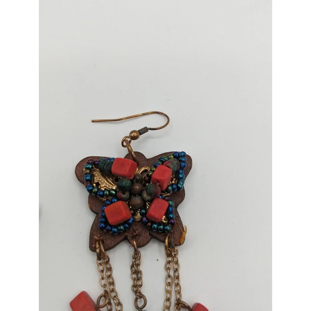 Bohemian Wood Butterfly Dangle Earrings Beaded Red‎ Bronze Tiered Chain 5